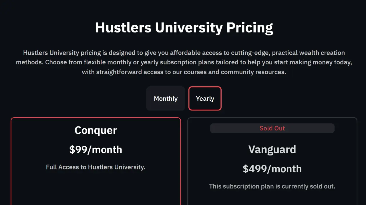 screenshot of hustlers university pricing page