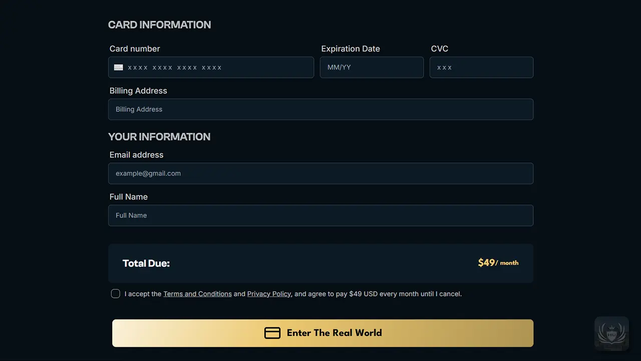 screenshot of hustlers university payment form